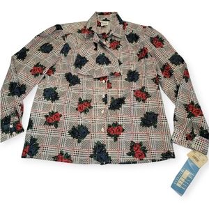 Vintage Leslie Fay Sportswear Floral Gingham Puff Sleeve Tie Button Up Top NWT!